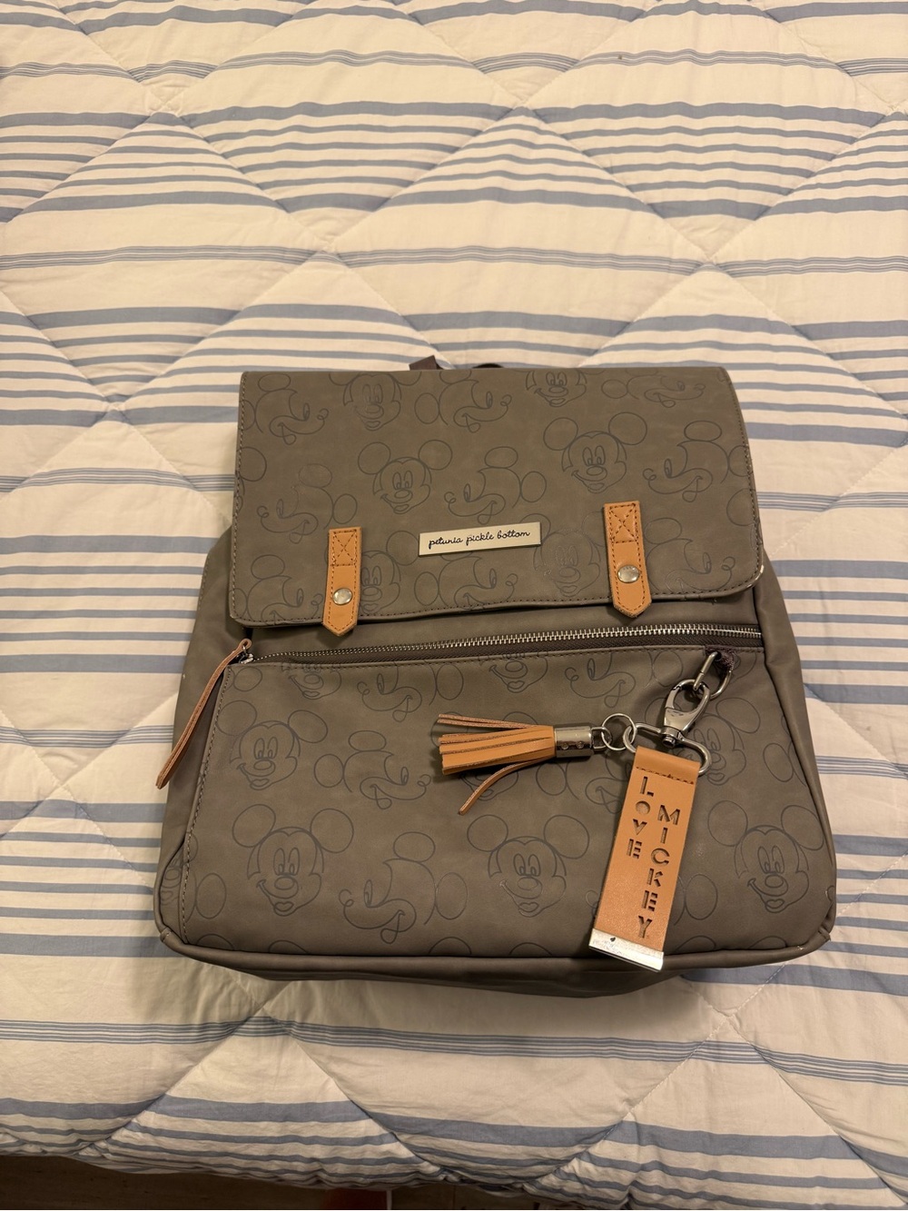 Petunia Pickle Bottom Gray Mickey Mouse Print Diaper Backpack with Tan Accents